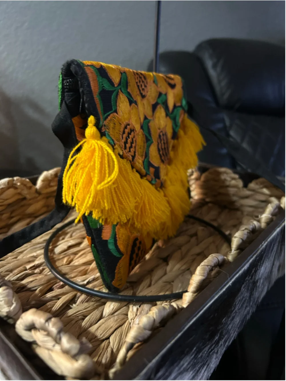 Women's Unbranded Sunflower Embroidered Clutch Bag, One Size, Black and Yellow